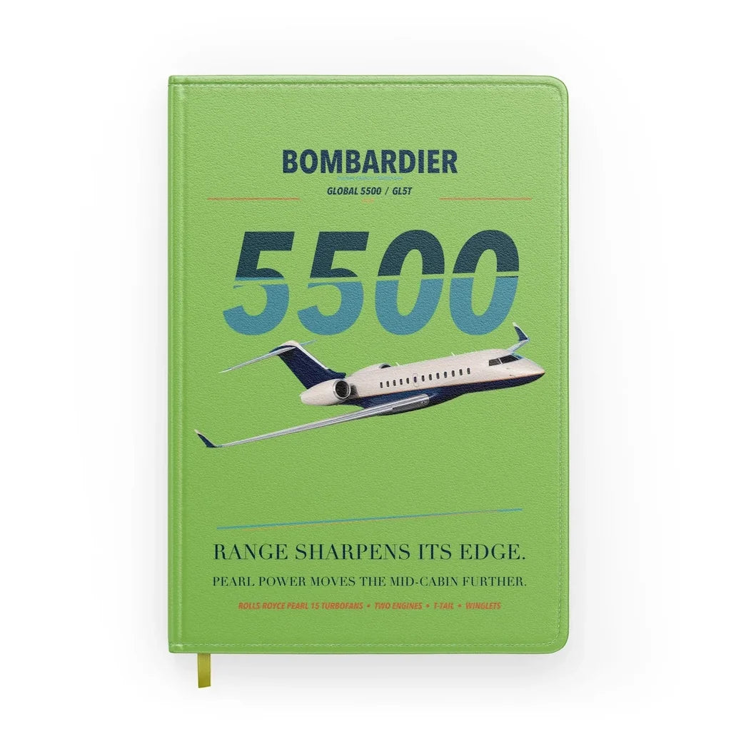 Bombardier Global 5500 design on light green notebook