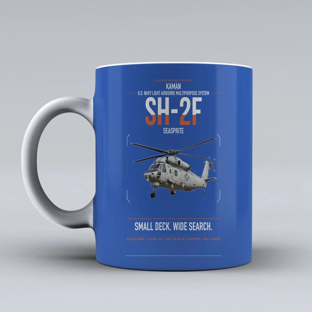 Kaman SH-2F Seasprite design on blue ceramic mug, double-side print