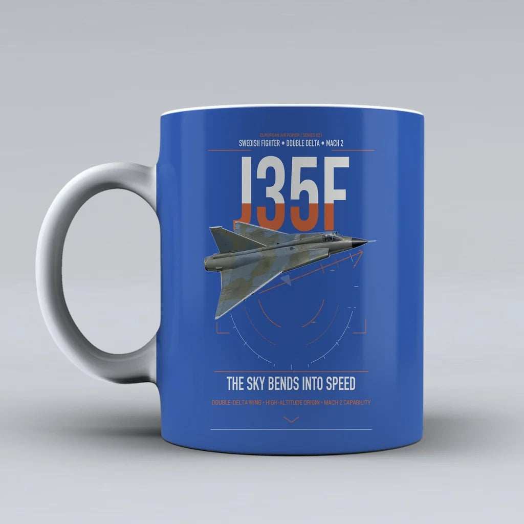 Saab J 35F Draken design on blue ceramic mug, double-side print