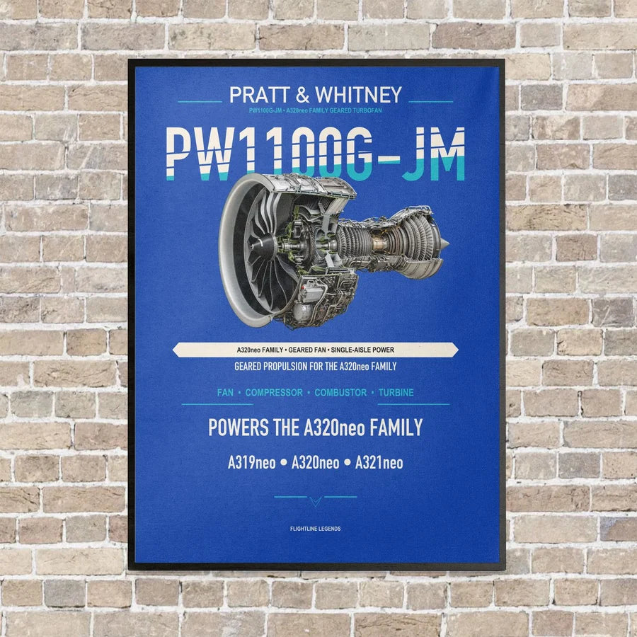 PW1100G-JM vertical canvas print - framed - blue background