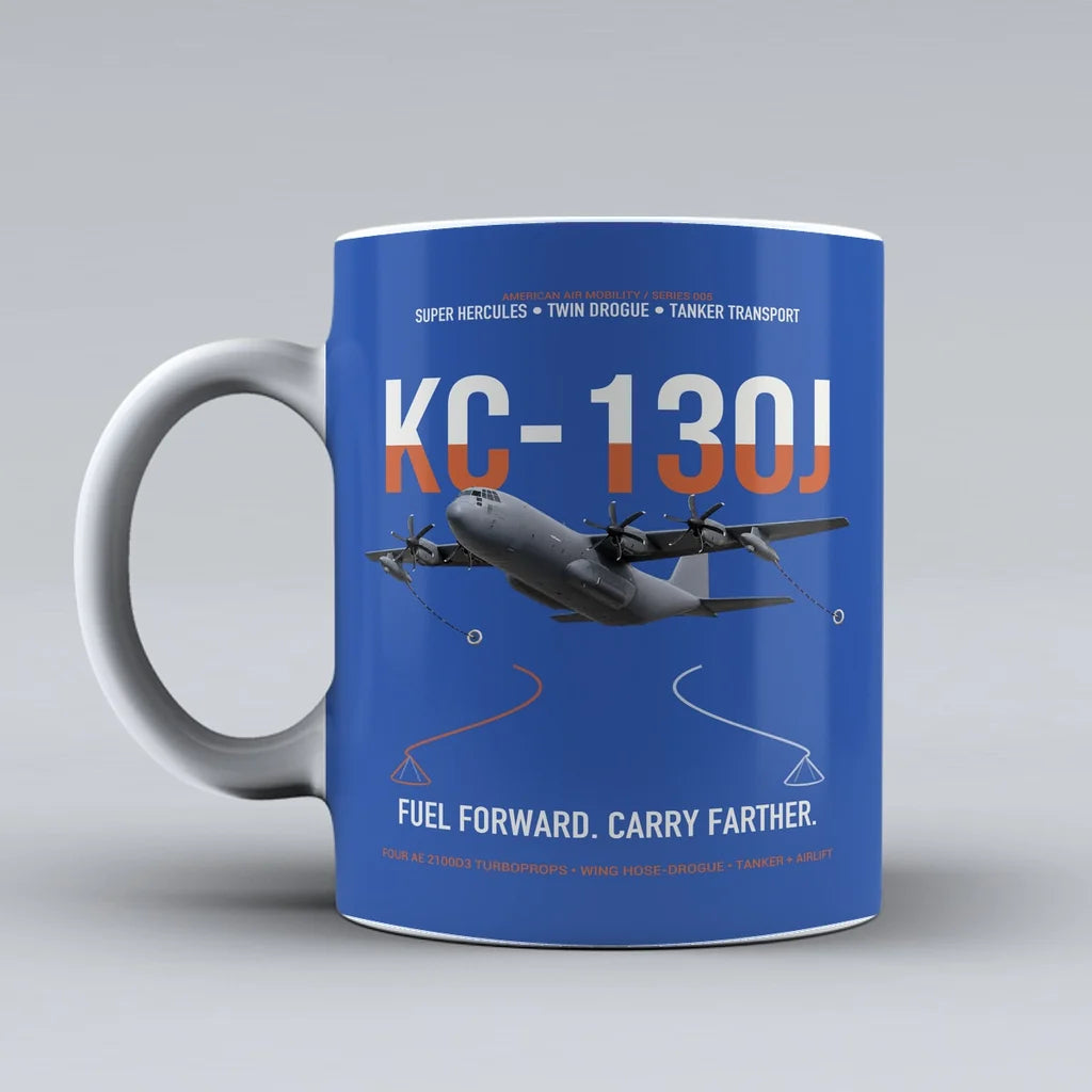 KC-130J SUPER HERCULES design on blue ceramic mug, double-side print