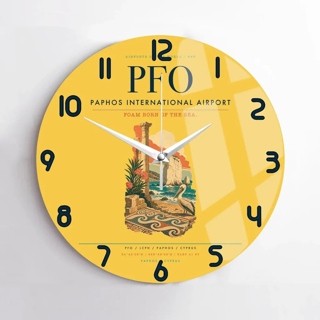 Paphos International Airport (PFO) design on yellow no frame wall clock