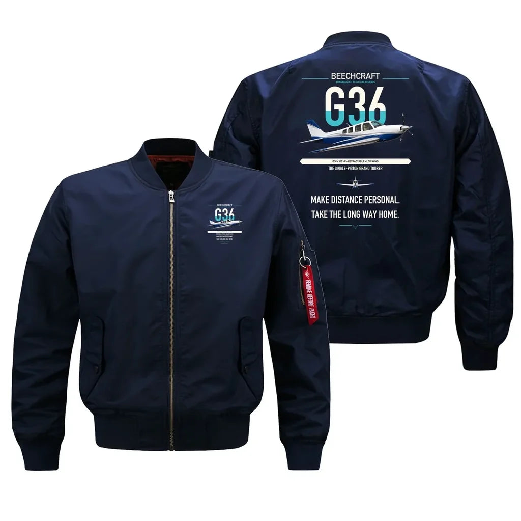 Beechcraft Bonanza G36 design on blue bomber jacket, double-side print