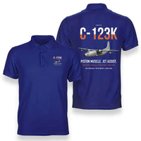 Thumbnail for C-123K Provider design on blue double-side polo t-shirt, double-side print