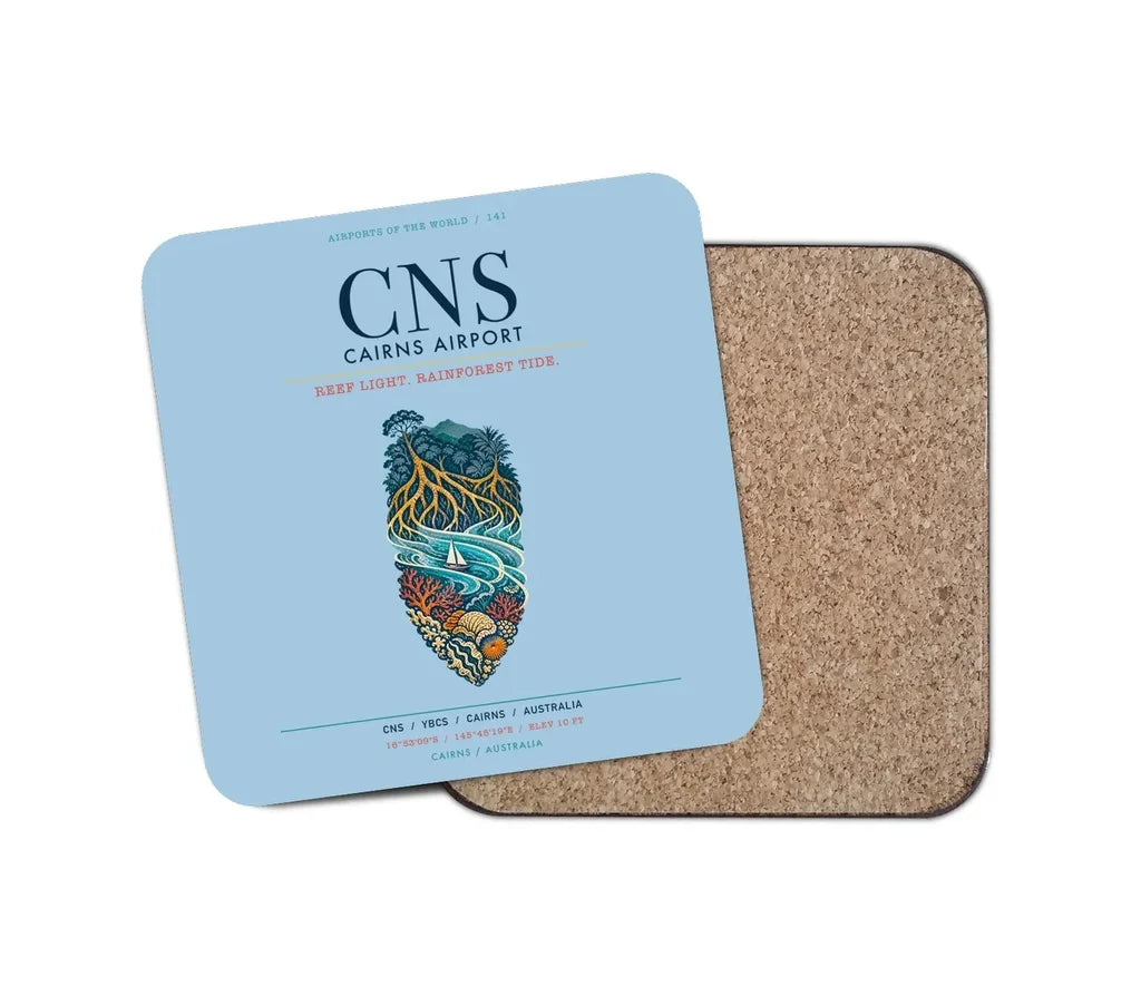 Cairns Airport (CNS) design on light blue 1 piece coaster
