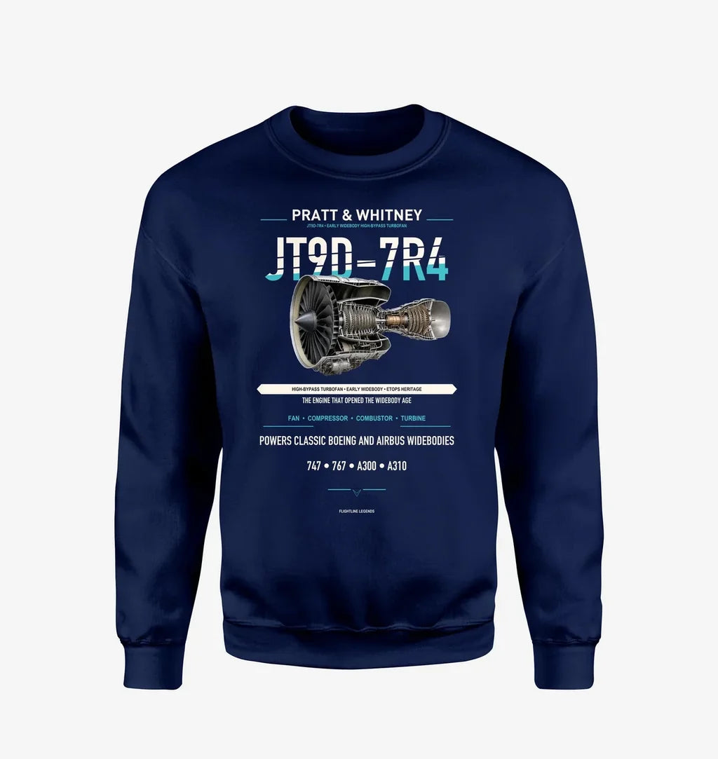 JT9D-7R4 design on navy blue sweatshirt