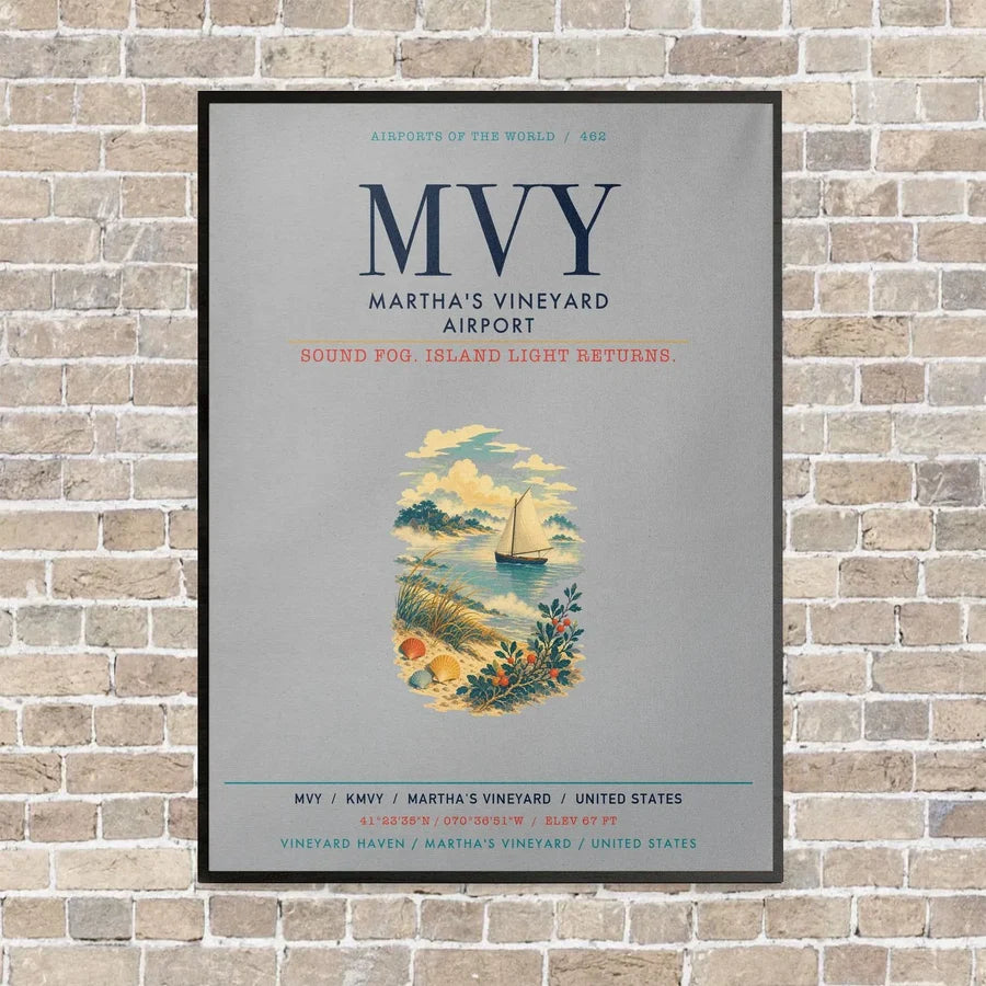 Martha's Vineyard Airport MVY vertical canvas print - framed - light gray background