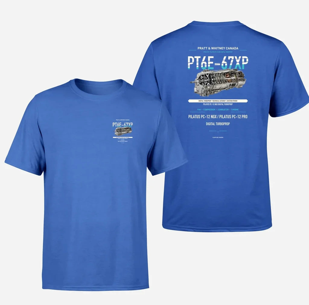 PT6E-67XP design on blue t shirt
