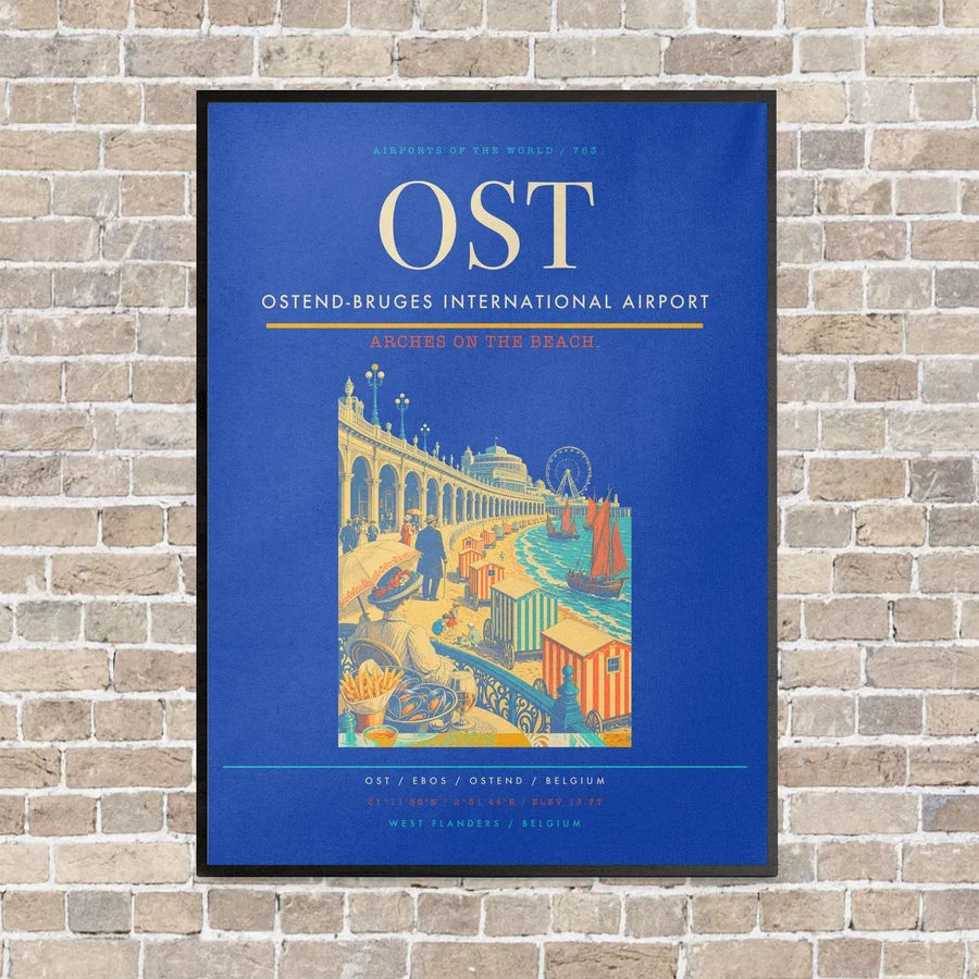 Ostend-Bruges International Airport OST vertical canvas print - framed - blue background