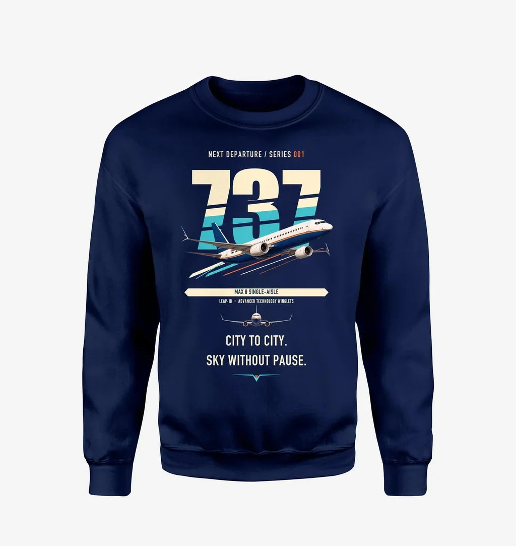 Boeing 737 MAX 8 design on navy blue sweatshirt