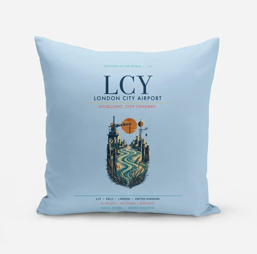London City Airport (LCY) design on light blue pillow