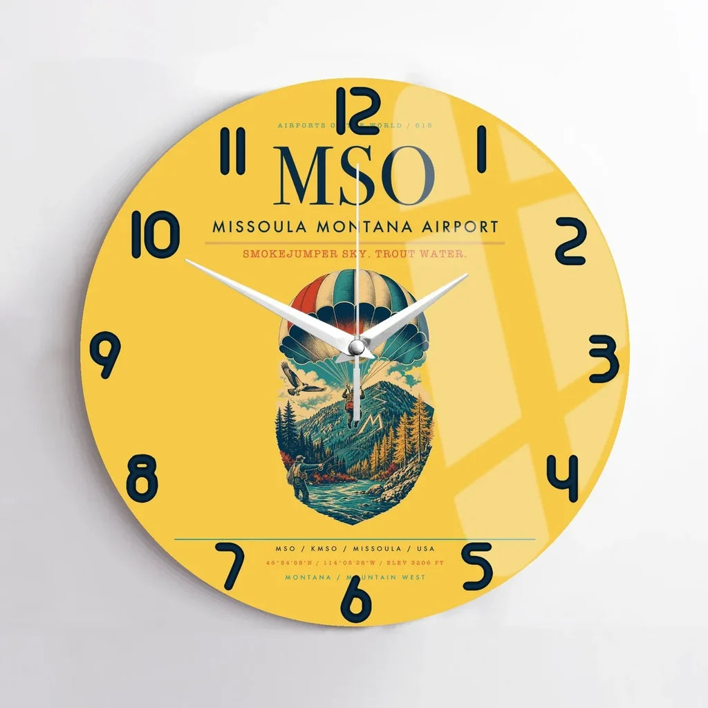 Missoula Montana Airport (MSO) design on yellow no frame wall clock