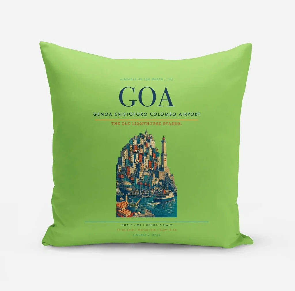 Genoa Cristoforo Colombo Airport (GOA) design on light green pillow