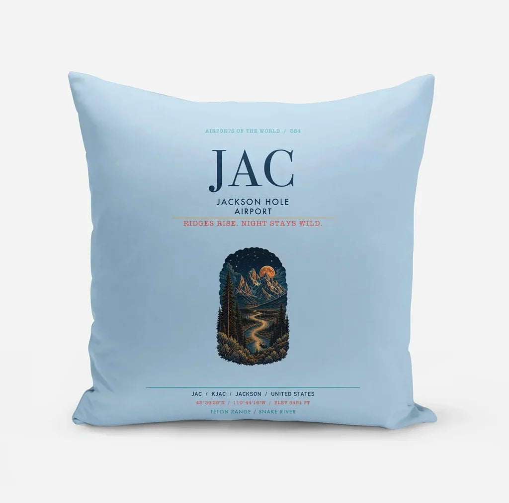 Jackson Hole Airport (JAC) design on light blue pillow