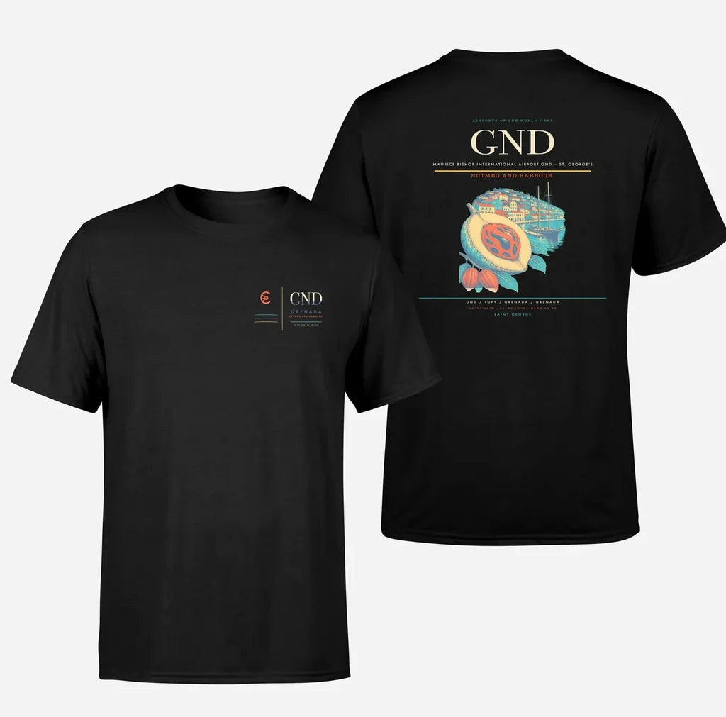 Maurice Bishop International Airport (GND) design printed on black double-side t-shirt