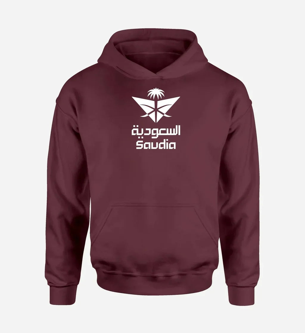Saudi Arabian Airlines logo printed on dark red hoodie