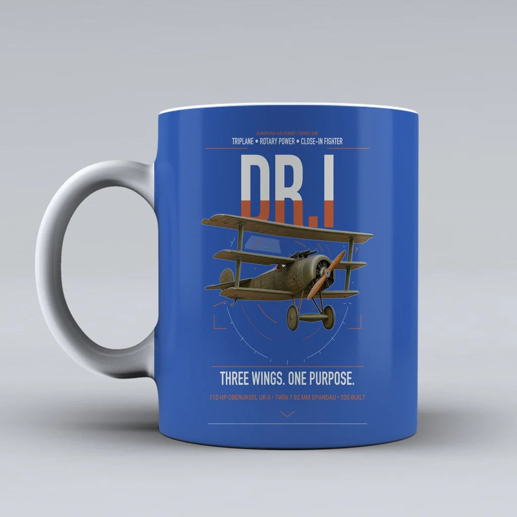 Fokker Dr.I design on blue ceramic mug, double-side print