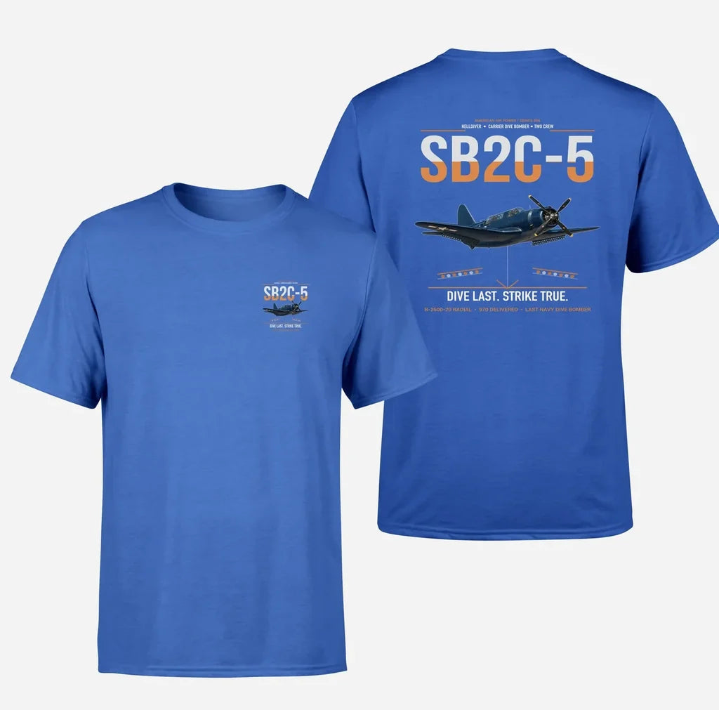 SB2C-5 Helldiver design on blue double-side t-shirt, double-side print