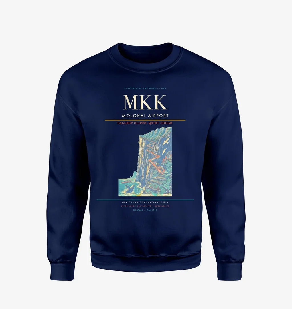 Molokai Airport (MKK) design on navy blue sweatshirt