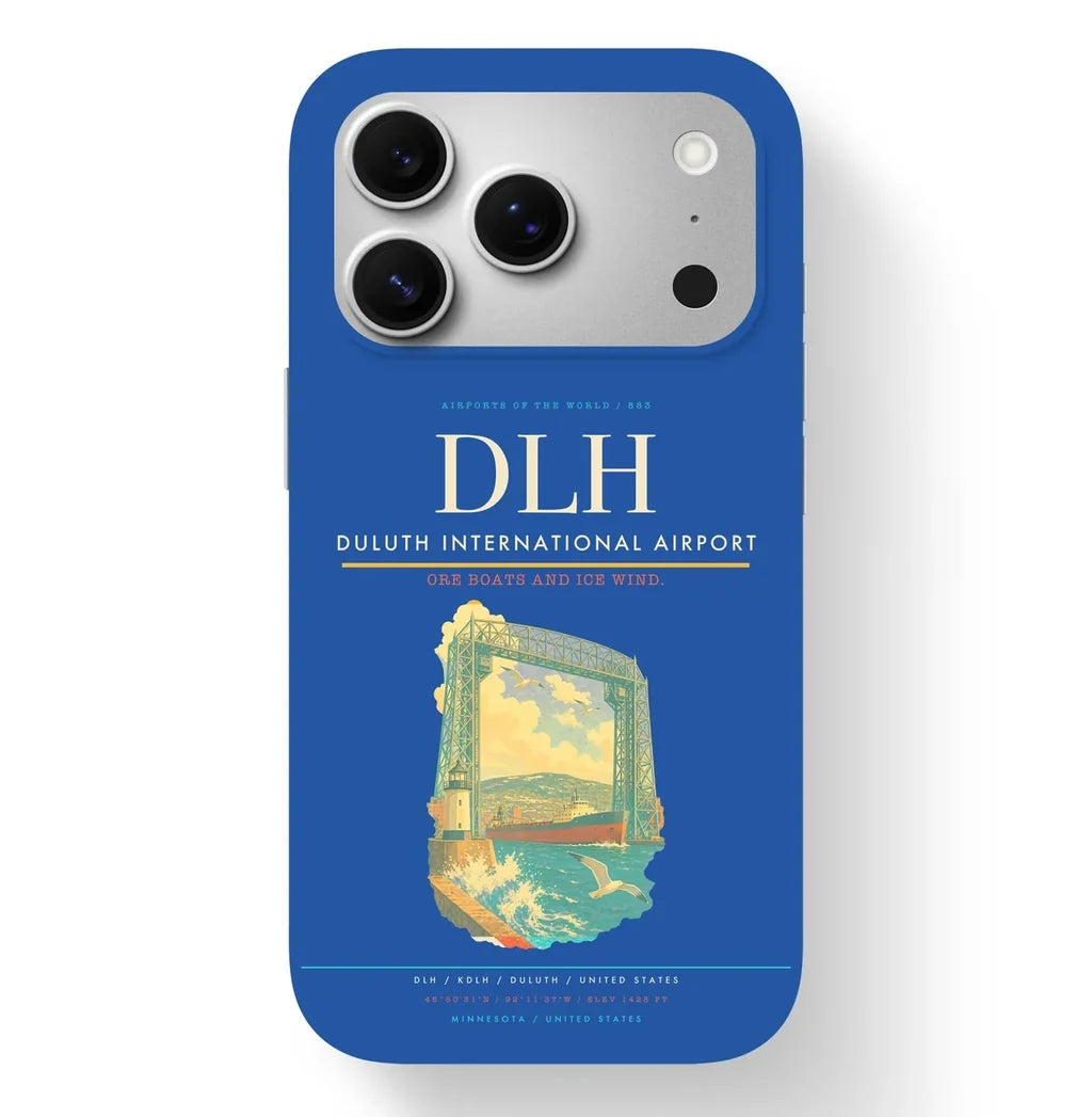 Duluth Airport (DLH) design on blue iPhone 17 Pro MagSafe case