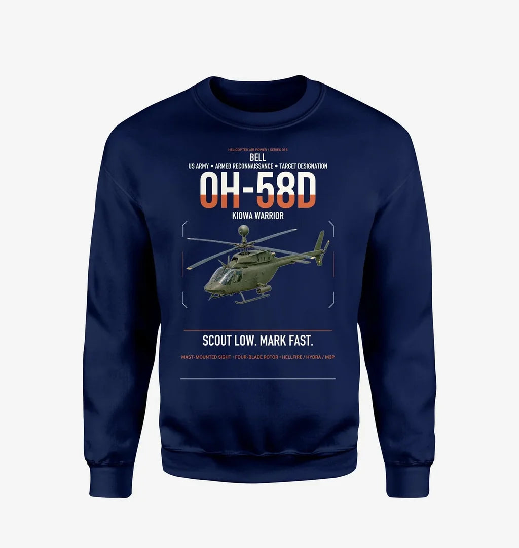 Bell OH-58D Kiowa Warrior design on navy blue sweatshirt