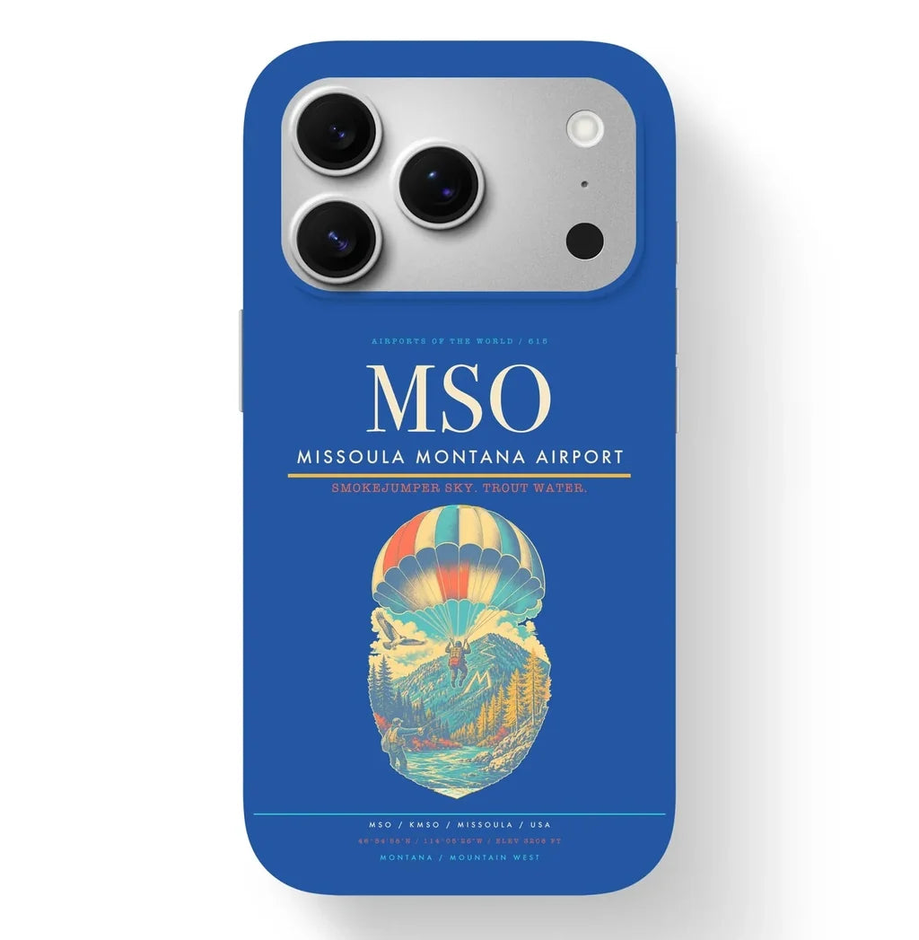 Missoula Airport (MSO) design on blue iPhone 17 Pro MagSafe case