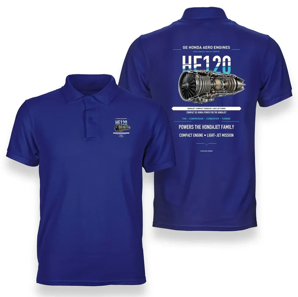 HF120 design on blue polo