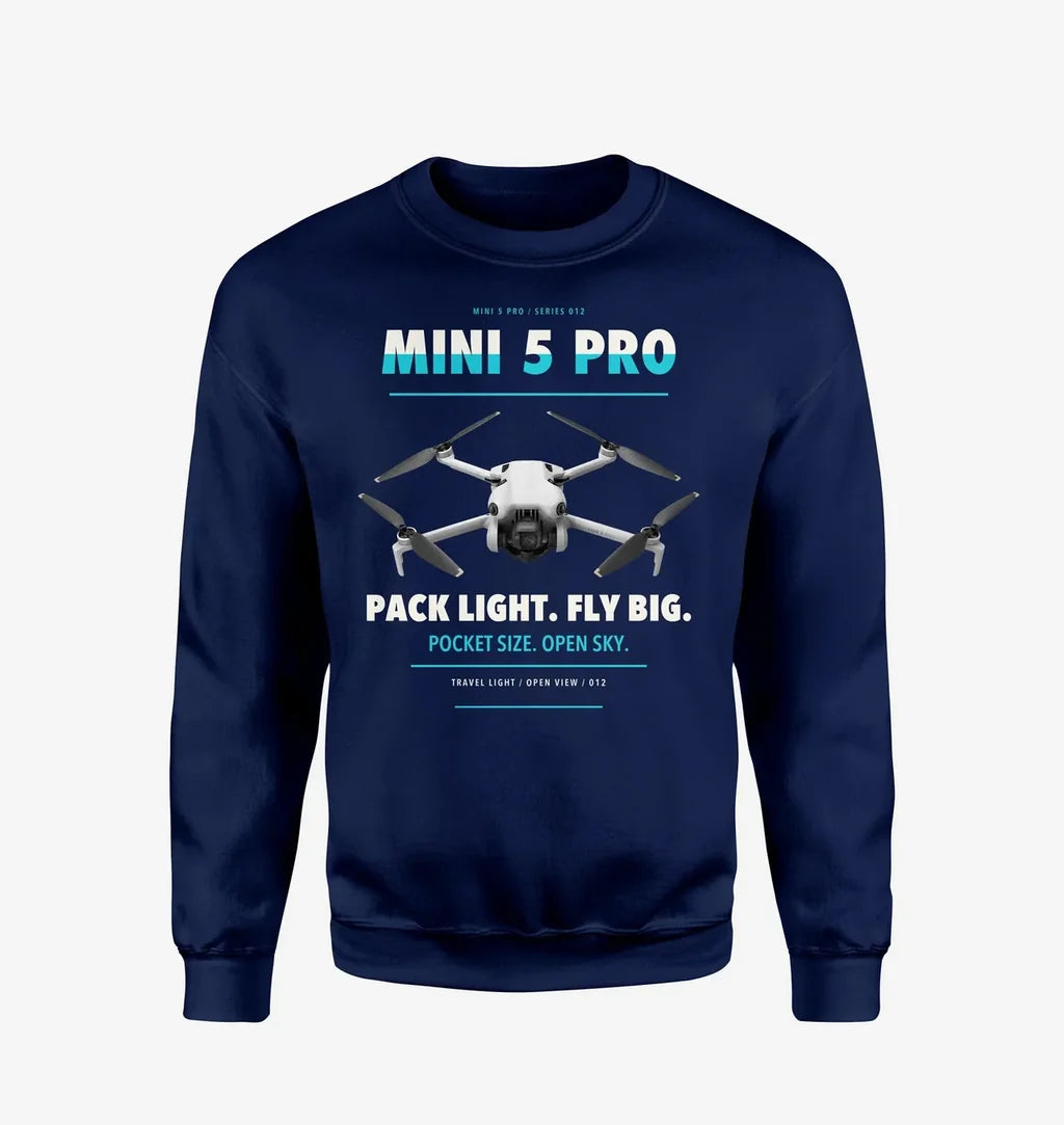 DJI Mini 5 Pro design on navy blue sweatshirt