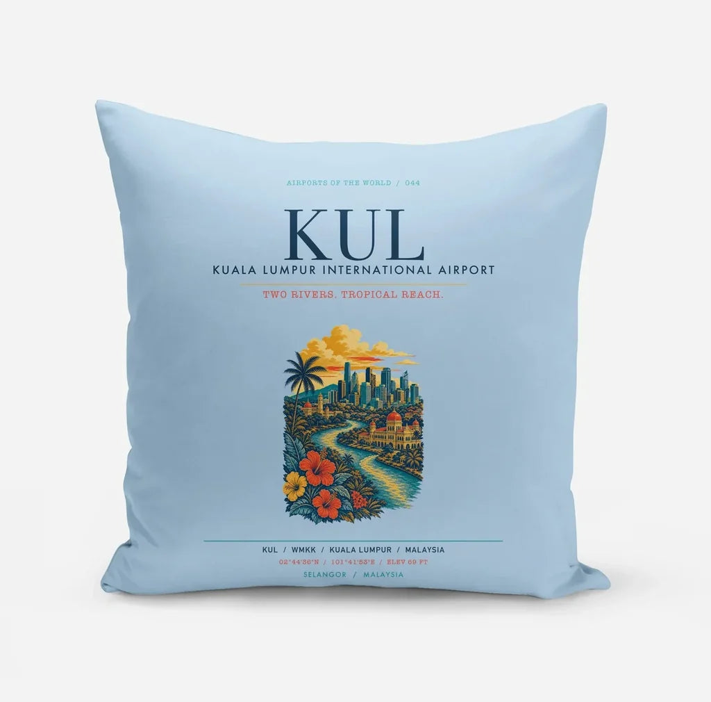 Kuala Lumpur International Airport (KUL) design on light blue pillow