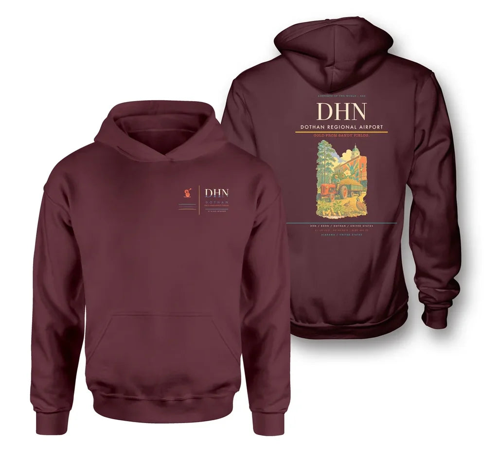 Dothan Regional Airport (DHN) design on dark red double-side hoodie