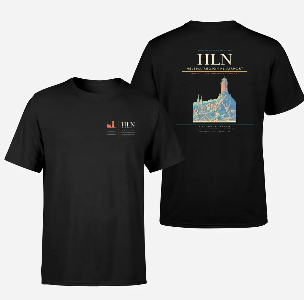 Helena Regional Airport (HLN) design printed on black double-side t-shirt
