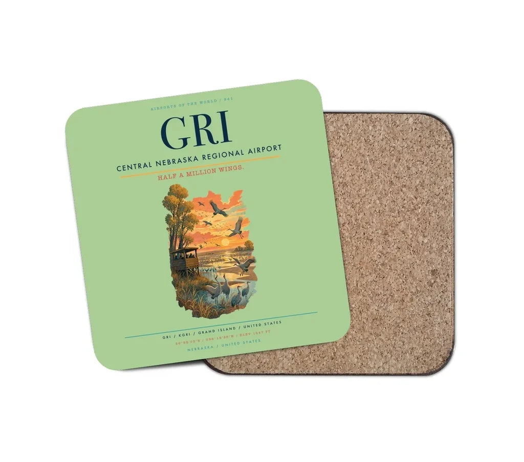 Central Nebraska Regional Airport (GRI) design on light green 1 piece coaster