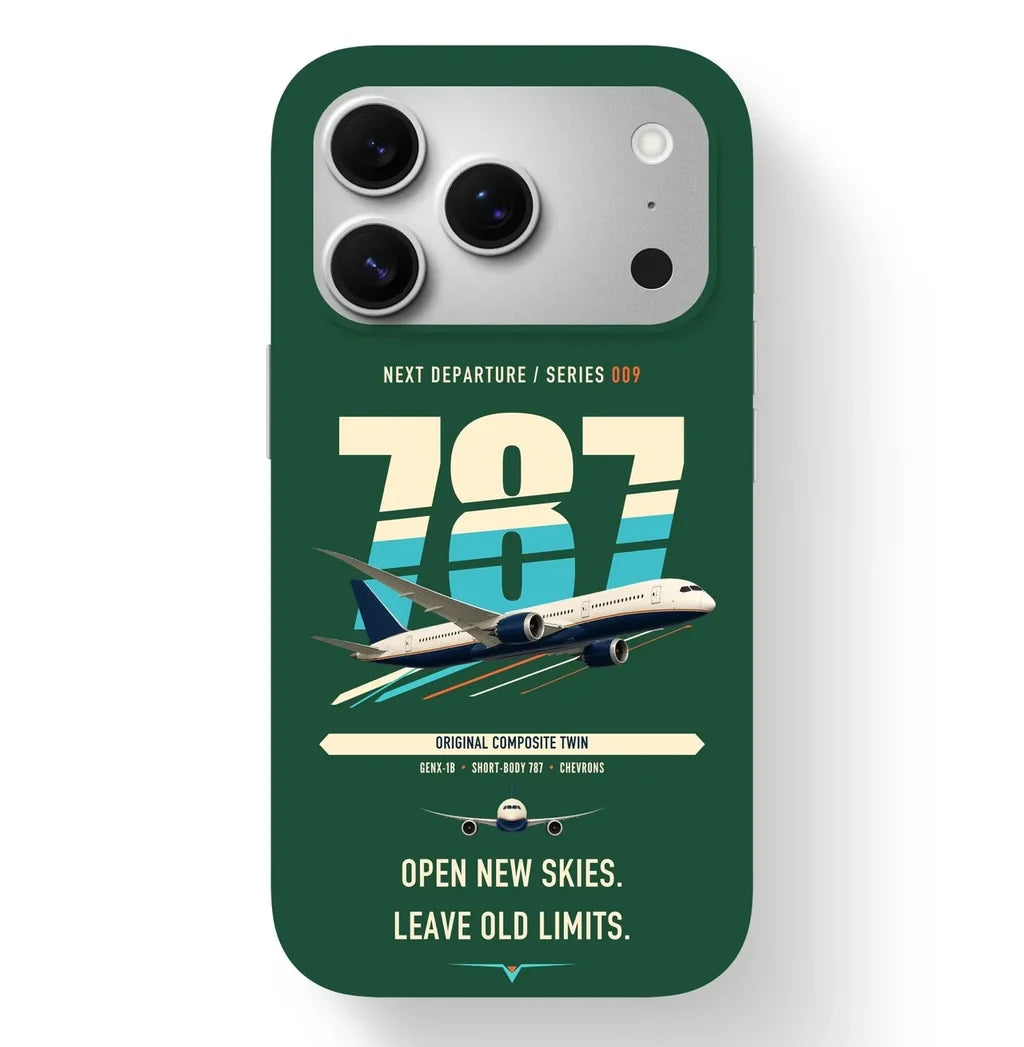 Boeing 787-8 Dreamliner design on dark green magsafe iphone case