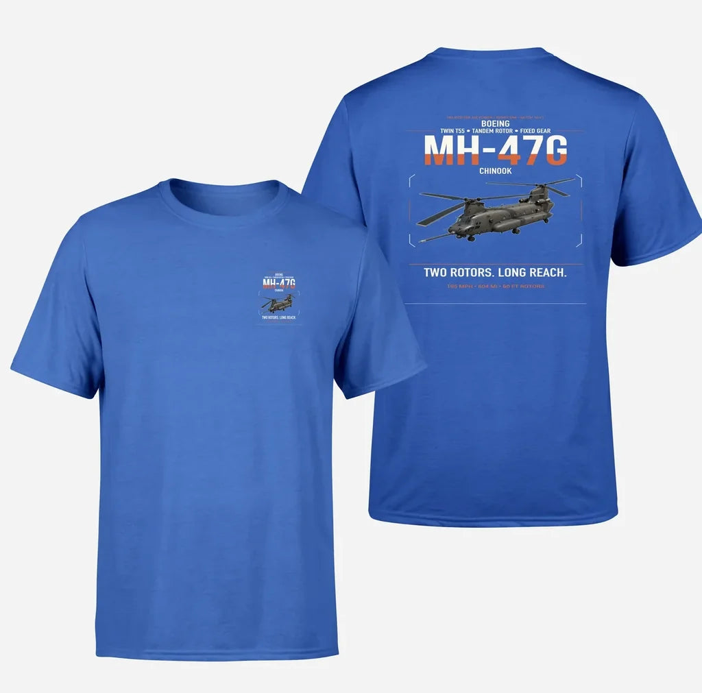 Boeing MH-47G Chinook design on blue t-shirt, double-side print