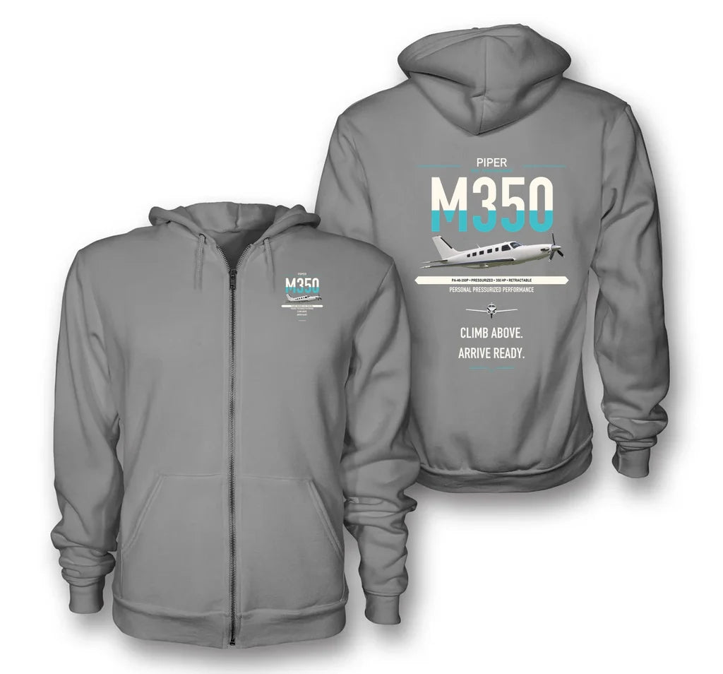 Piper M350 design on gray premium zipped hoodie, double-side print