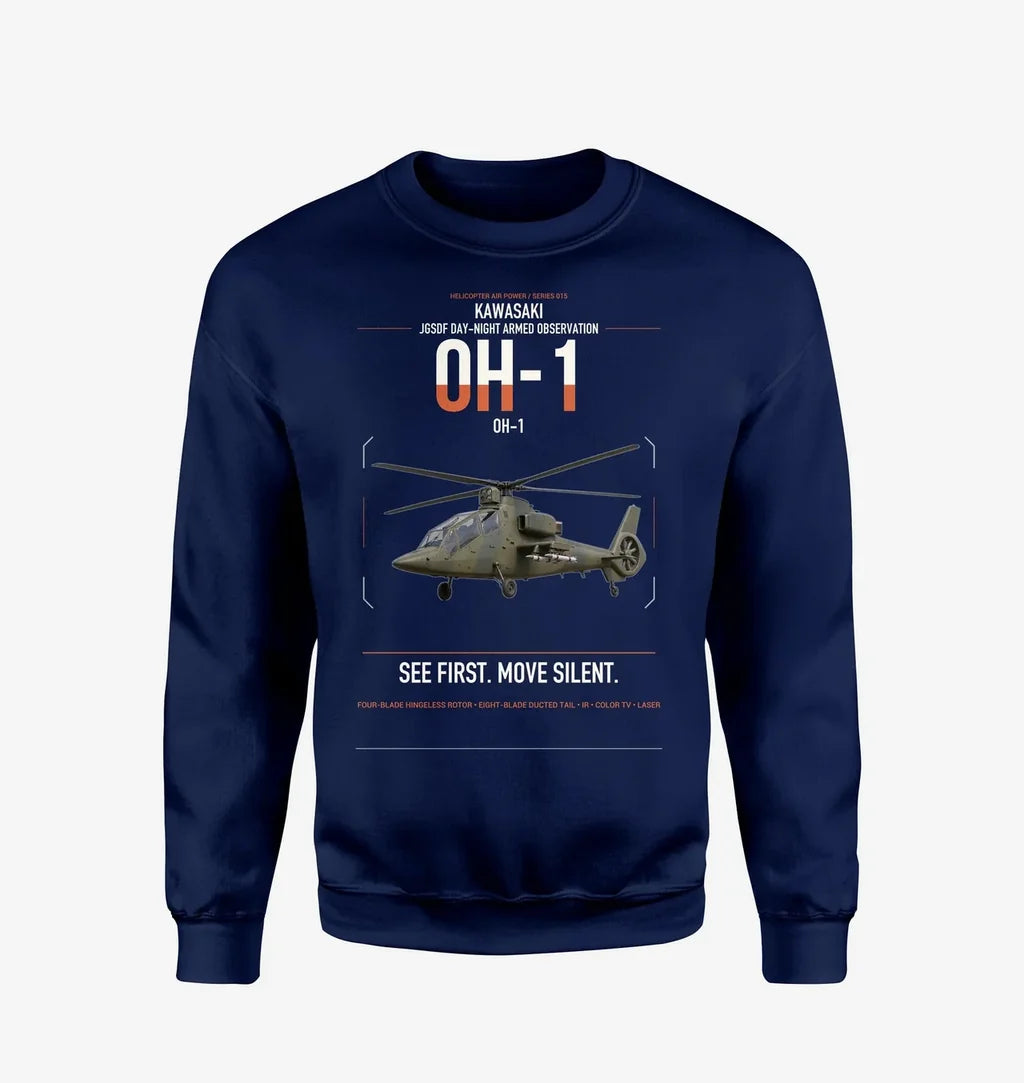 Kawasaki OH-1 design on navy blue sweatshirt