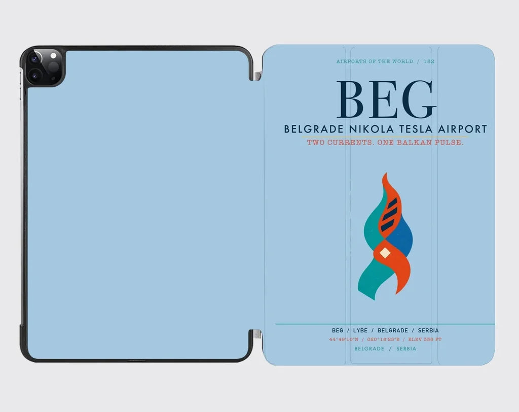 Belgrade Nikola Tesla Airport (BEG) design on light blue ipad tablet case