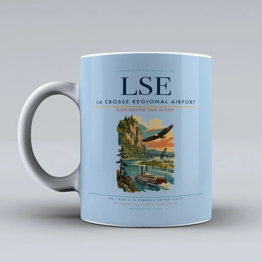 La Crosse Regional Airport (LSE) airport code design on light blue ceramic mug
