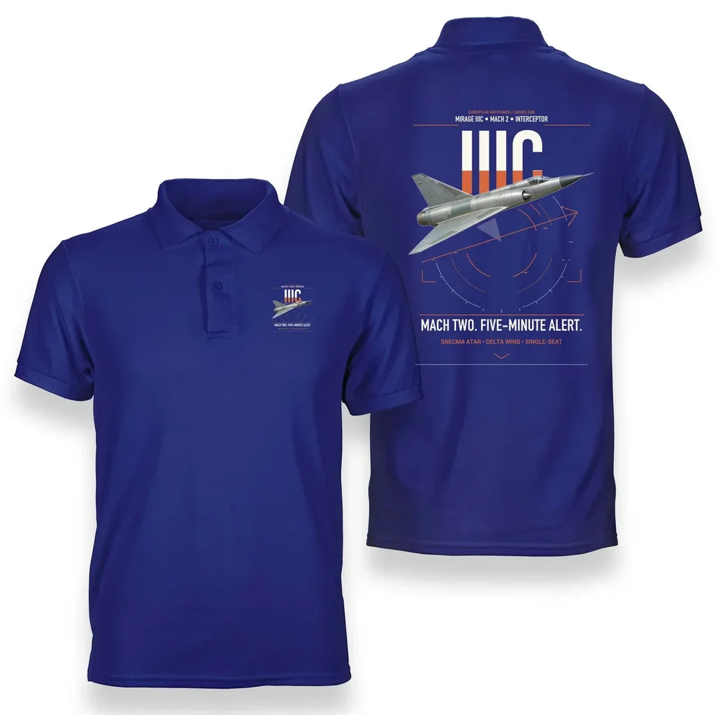 Dassault Mirage IIIC design on blue double-side polo t-shirt, double-side print