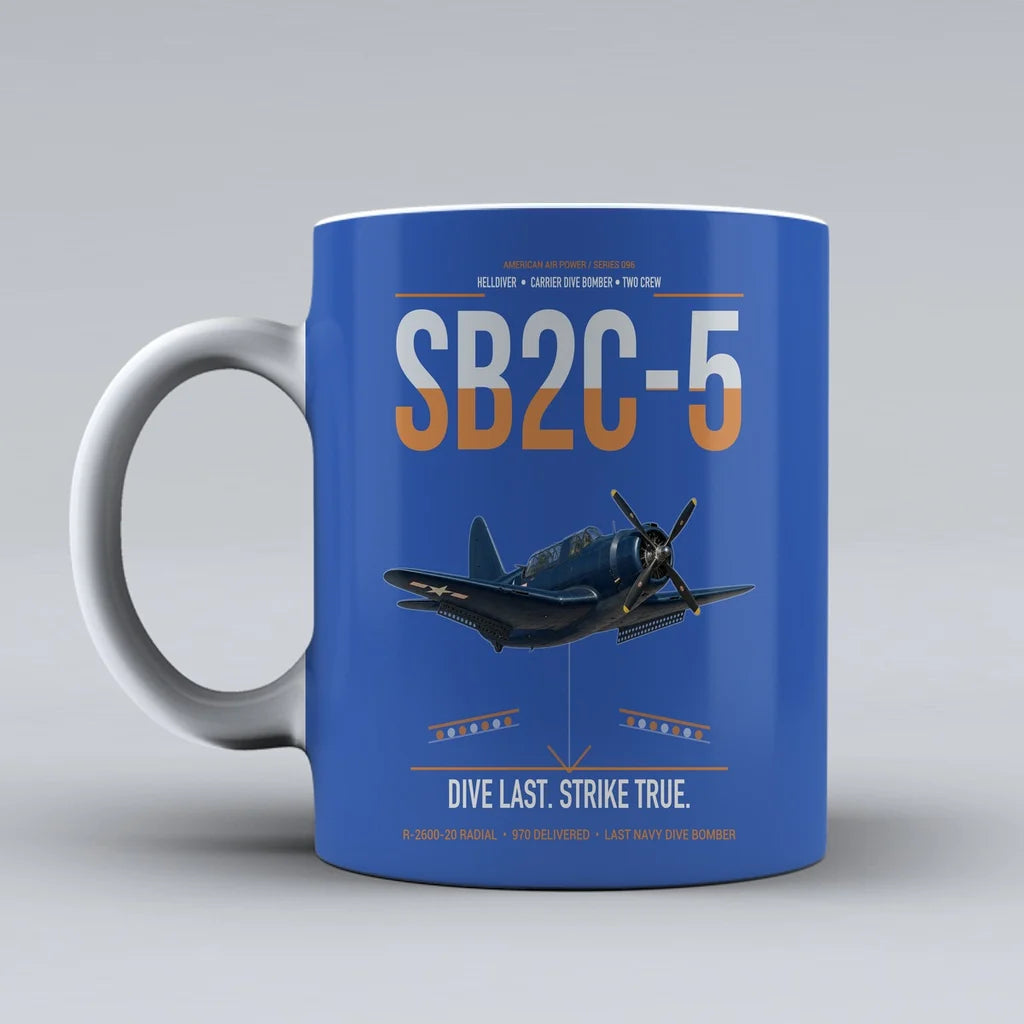 SB2C-5 Helldiver design on blue ceramic mug, double-side print