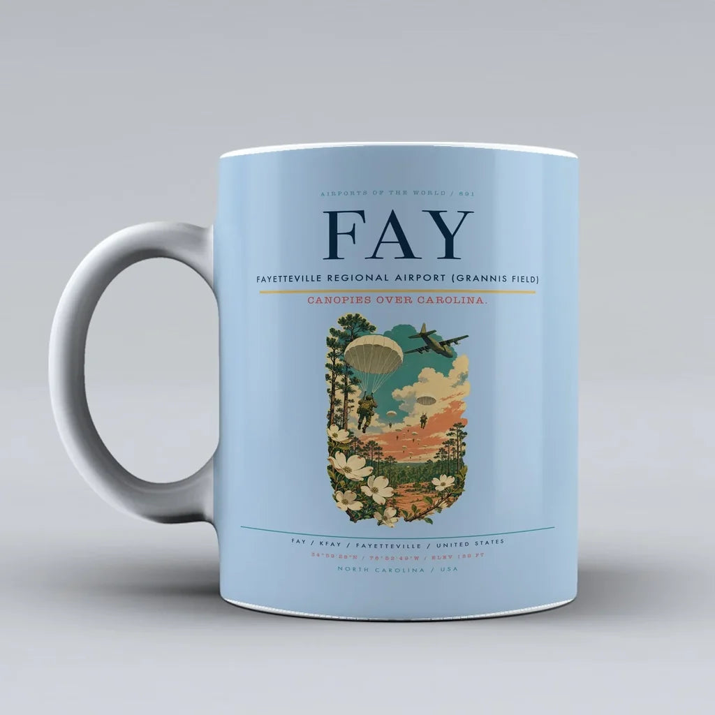 Fayetteville Regional Airport (Grannis Field) (FAY) airport code design on light blue ceramic mug