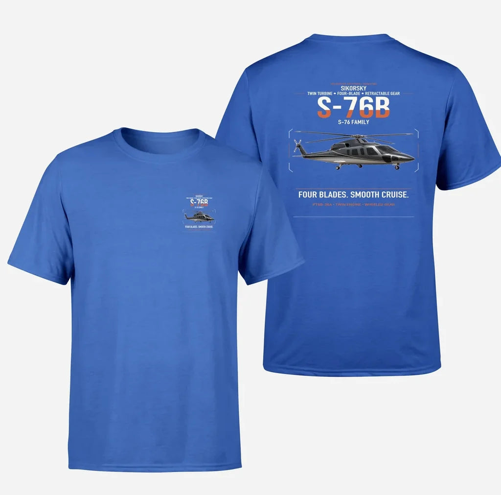 Sikorsky S-76B design on blue t-shirt, double-side print
