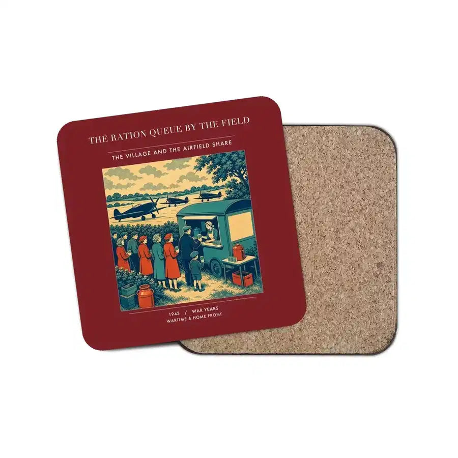 The Ration Queue By The Field - Designed Coasters design on dark red 1-piece