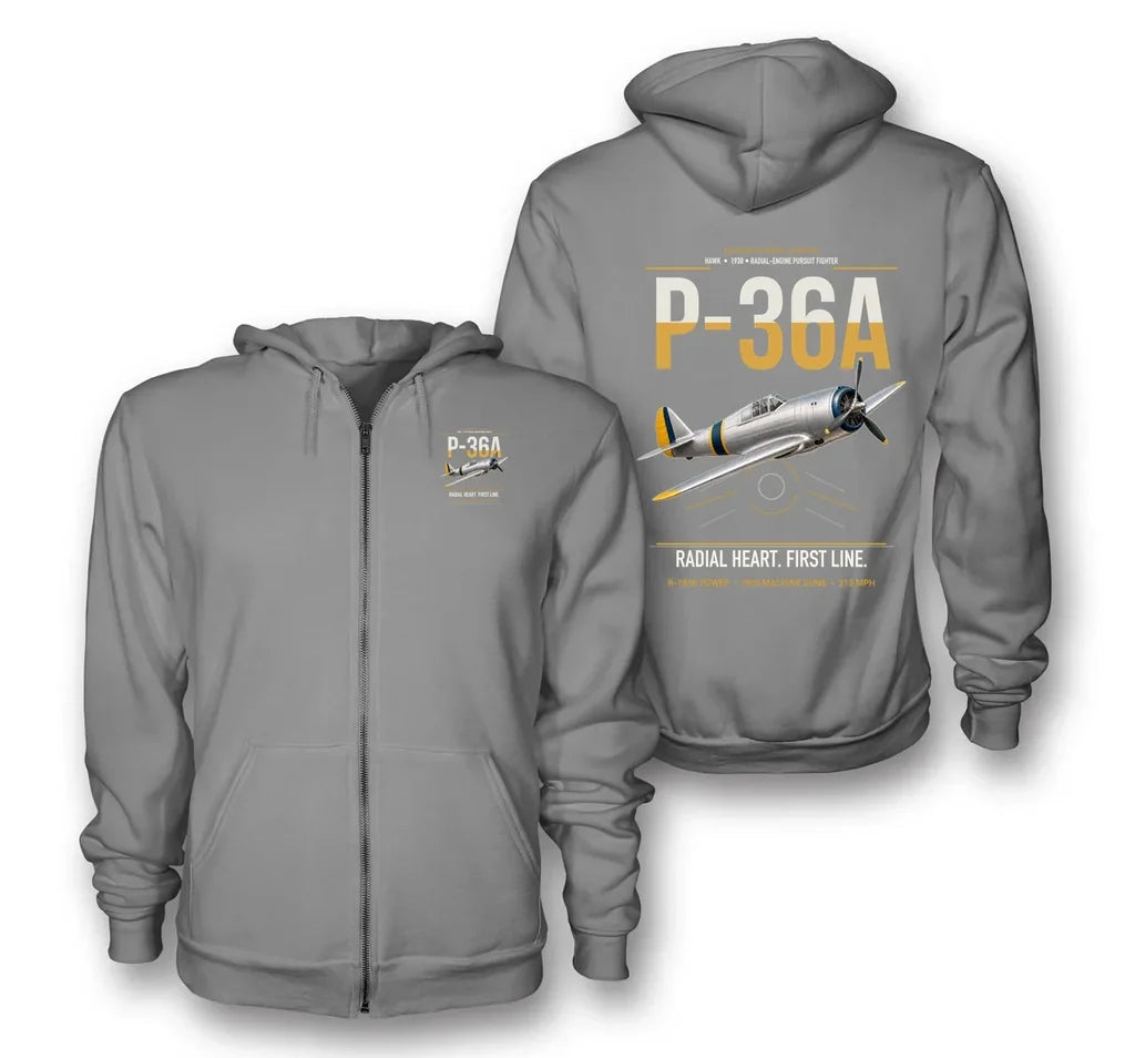 P-36A Hawk design on gray premium zipped hoodie