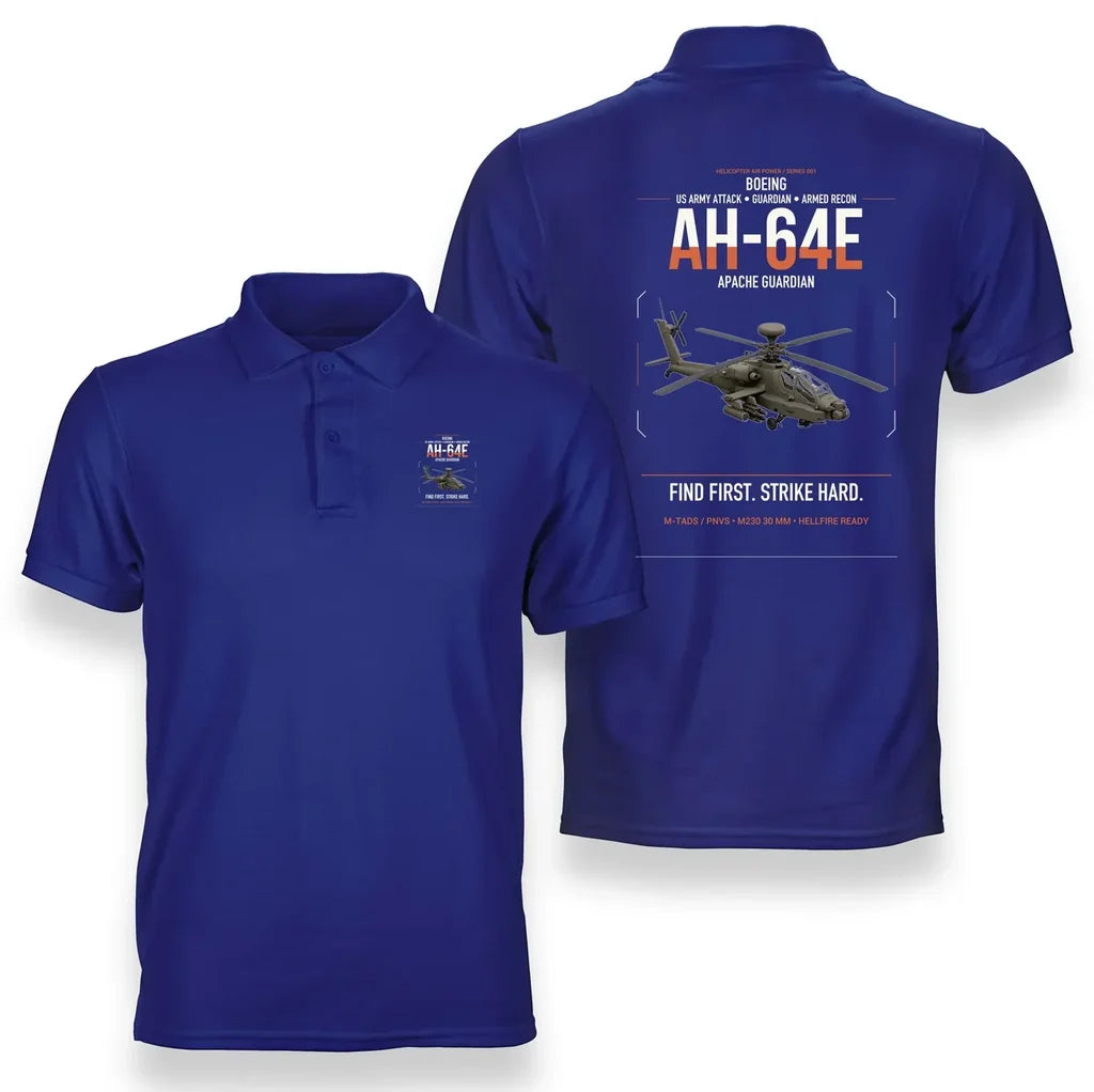 Boeing AH-64E Apache Guardian design on blue double-side polo t-shirt, double-side print