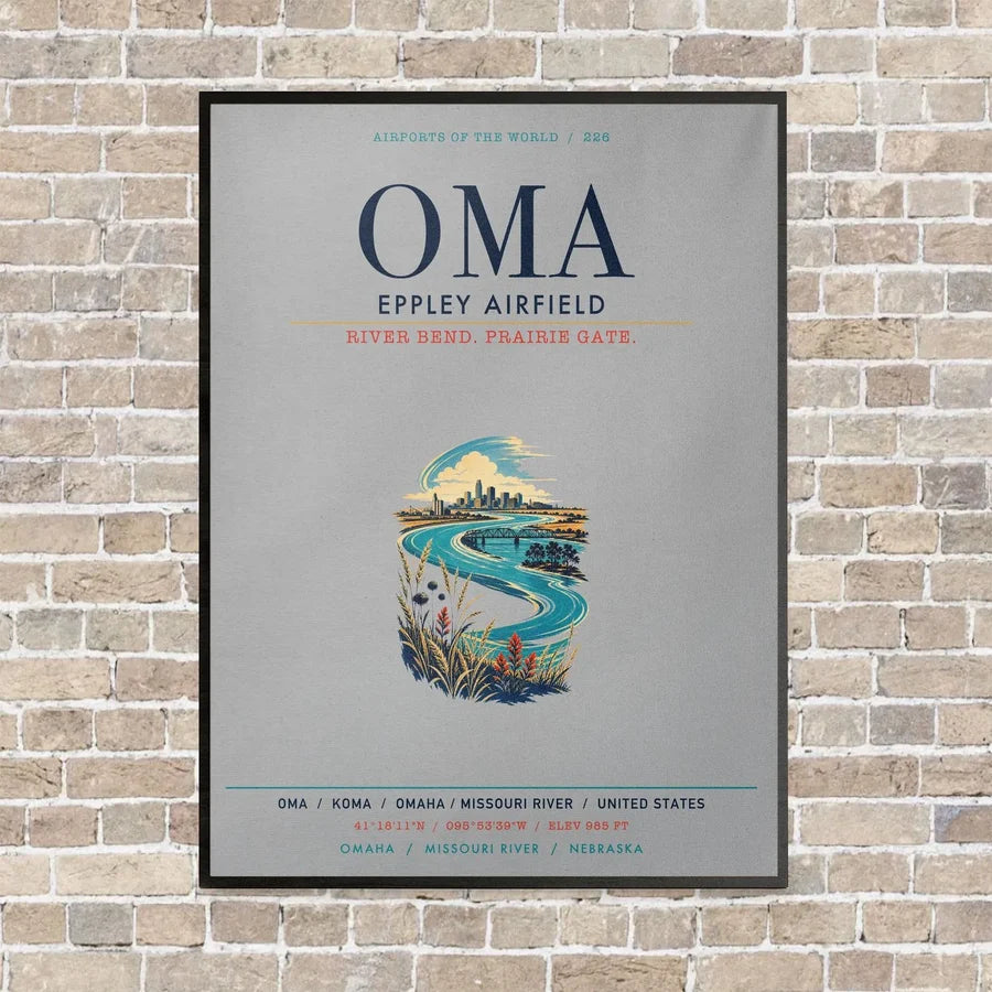 Omaha Eppley Airfield OMA vertical canvas print - framed - light gray background