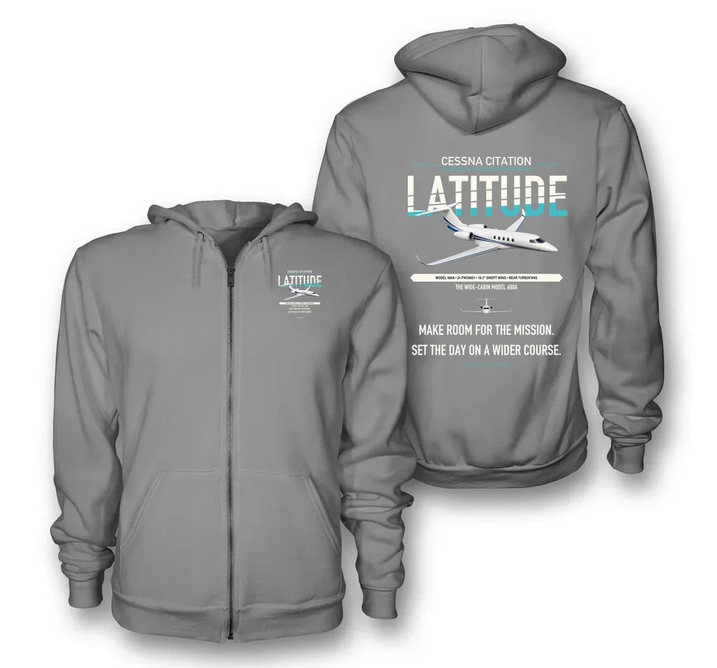 Cessna Citation Latitude design on gray premium zipped hoodie, double-side print