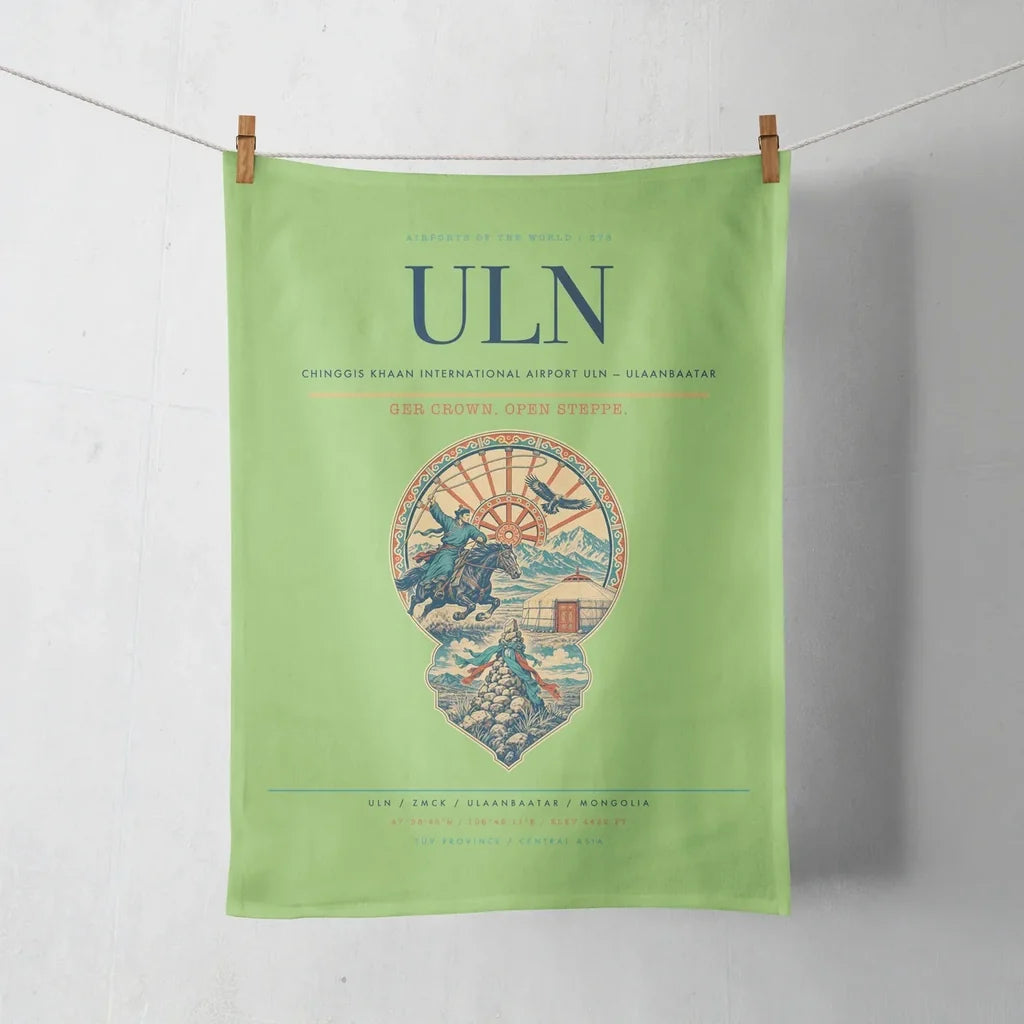 Chinggis Khaan International Airport (ULN) design on light green towel