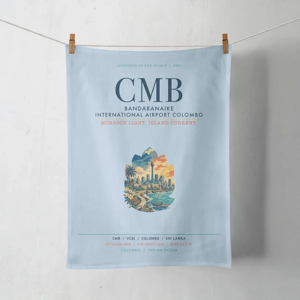 Bandaranaike International Airport Colombo (CMB) design on light blue towel