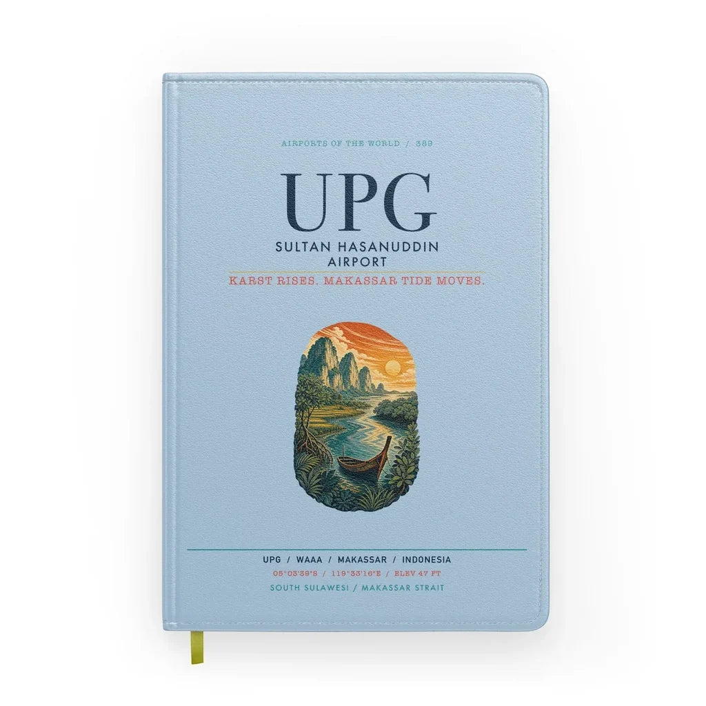 Sultan Hasanuddin Airport (UPG) design on light blue notebook